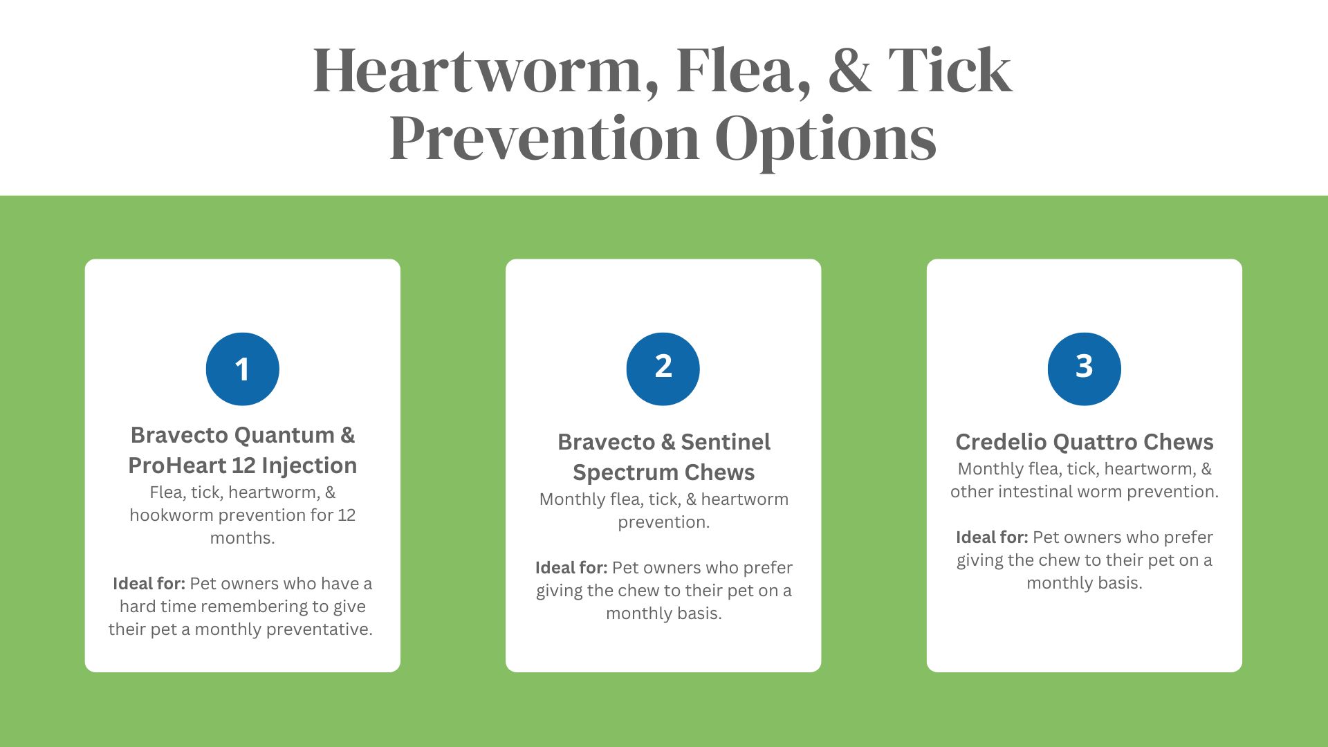 Infographic on flea, tick, and heartworm prevention options