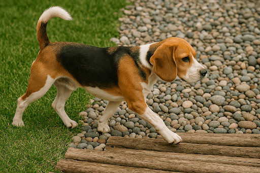 Beagle running through the yard