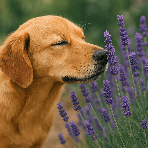 Golden Retriever smelling flowers
